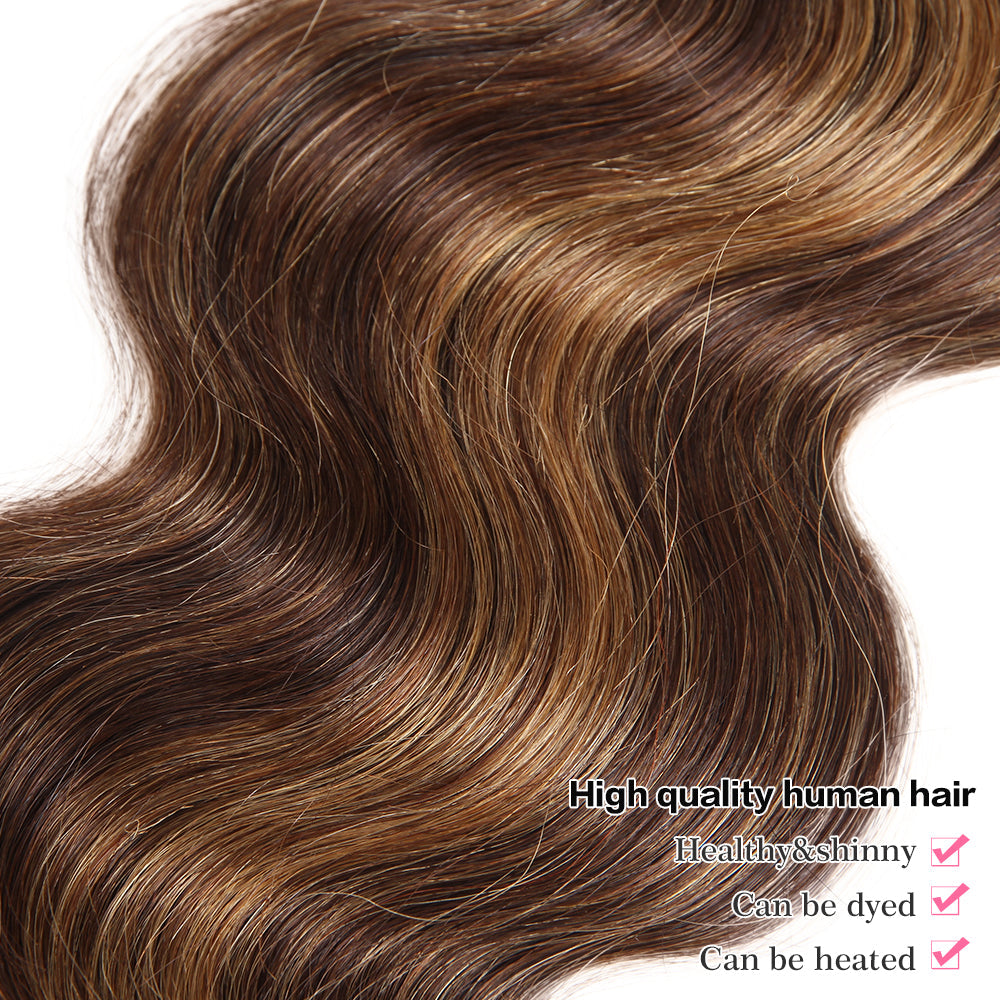 QVR Body Wave Human Hair Weave 3 Bundles with Closure Virgin Hair Highlight Piano Brown Blonde Color