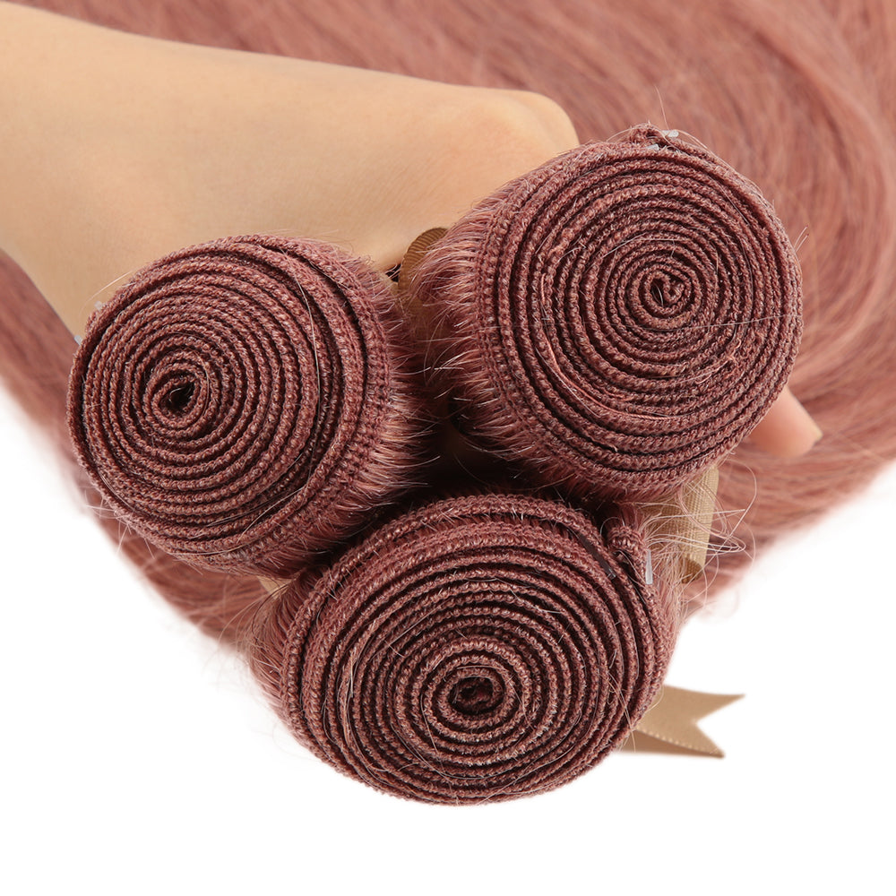 QVR Straight Bundles With Closure Remy Human Hair Weave 3 bundles with 4*4 Lace Closure Pink Color