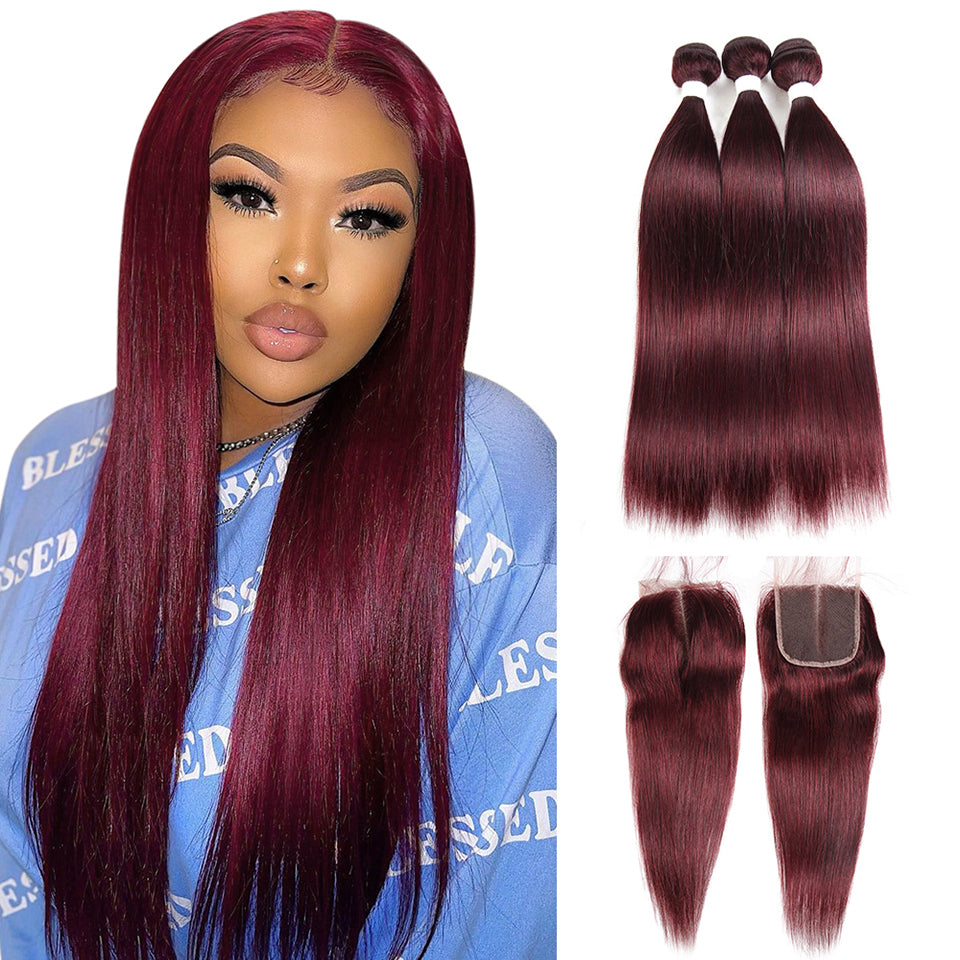 QVR Remy Human Hair Bundles With Closure Straight Hair Burgundy Remy Peruvian Dyed 3 Bundles With Frontal 4x4 Brazilian Human Hair 99J