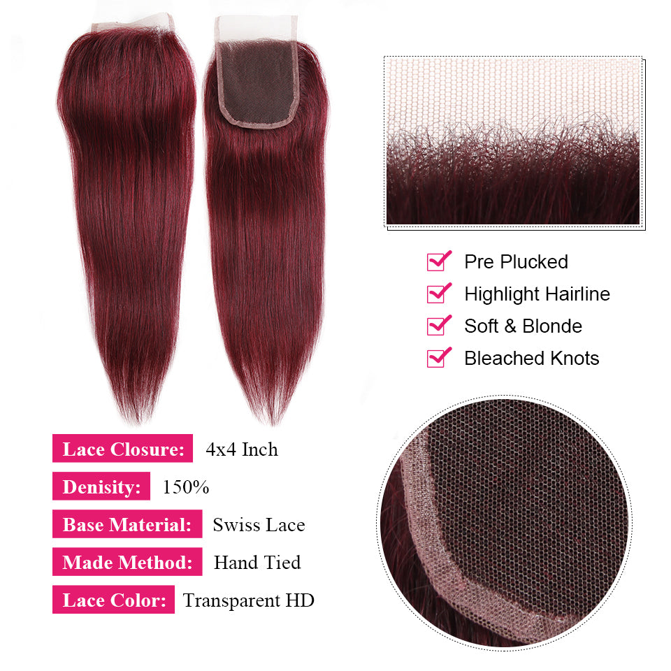 QVR Remy Human Hair Bundles With Closure Straight Hair Burgundy Remy Peruvian Dyed 3 Bundles With Frontal 4x4 Brazilian Human Hair 99J