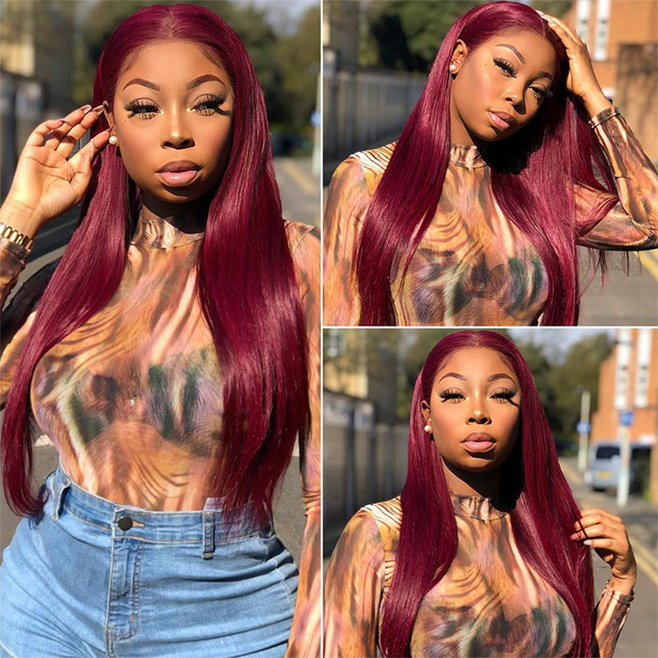 QVR Remy Human Hair Bundles With Closure Straight Hair Burgundy Remy Peruvian Dyed 3 Bundles With Frontal 4x4 Brazilian Human Hair 99J