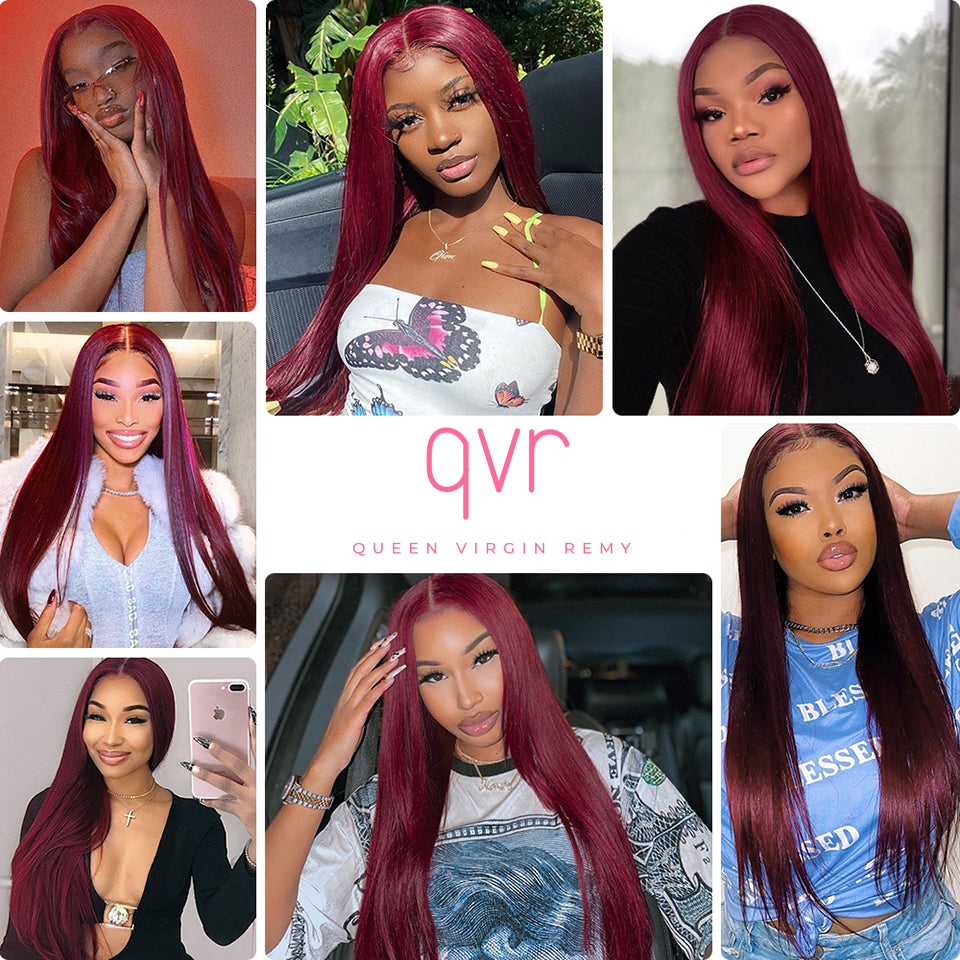 QVR Remy Human Hair Bundles With Closure Straight Hair Burgundy Remy Peruvian Dyed 3 Bundles With Frontal 4x4 Brazilian Human Hair 99J