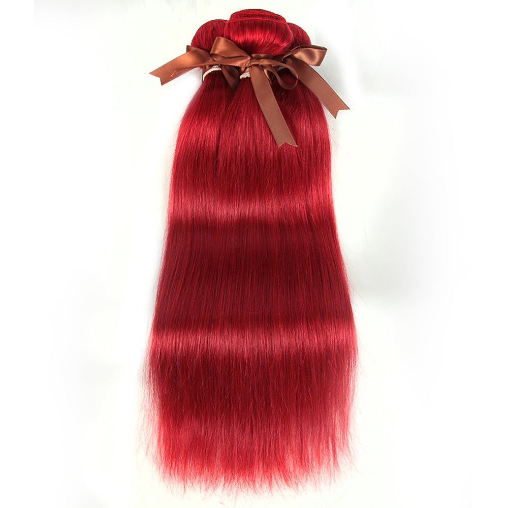 Queen Remy Human Hair 3 Bundles with Closure Straight Hair Weave Red Color