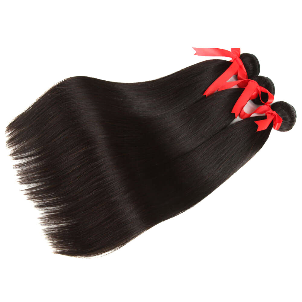 QVR Unprocessed Silk Straight Human Hair Bundles 3 Bundles Natural Color Hair Weave