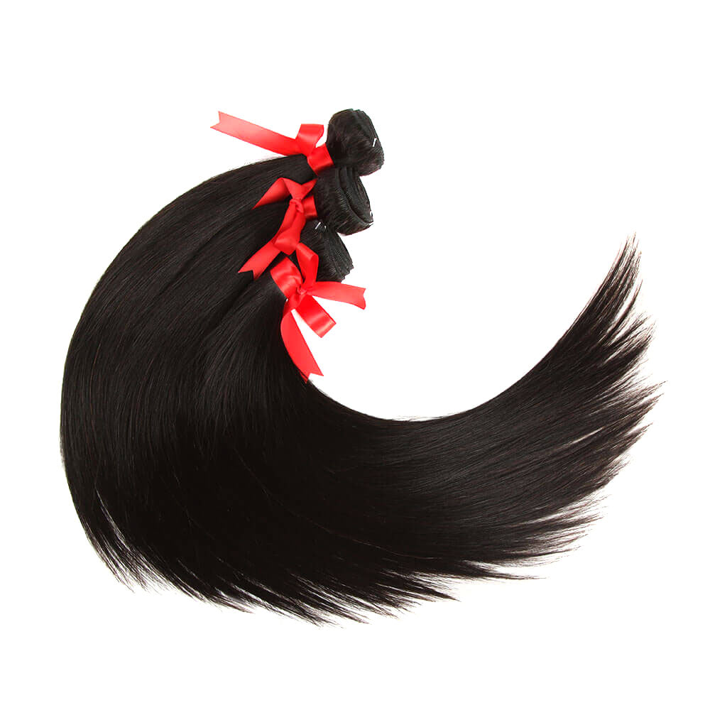 QVR Unprocessed Silk Straight Human Hair Bundles 3 Bundles Natural Color Hair Weave