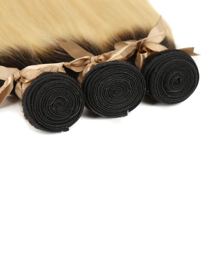 QVR Remy Human Hair 3 Bundles Straight Hair T1B/613