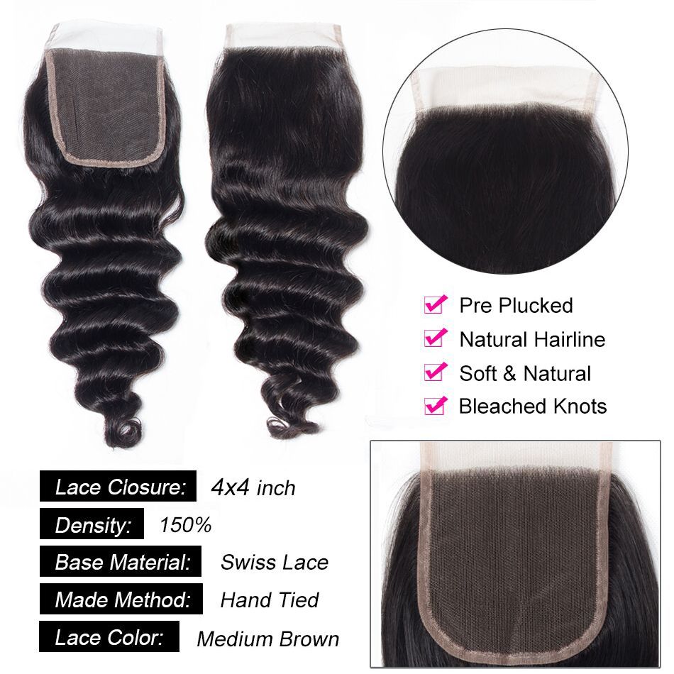 QVR Loose Deep Wave 4X4 Closure Natural Color Virgin Human Hair