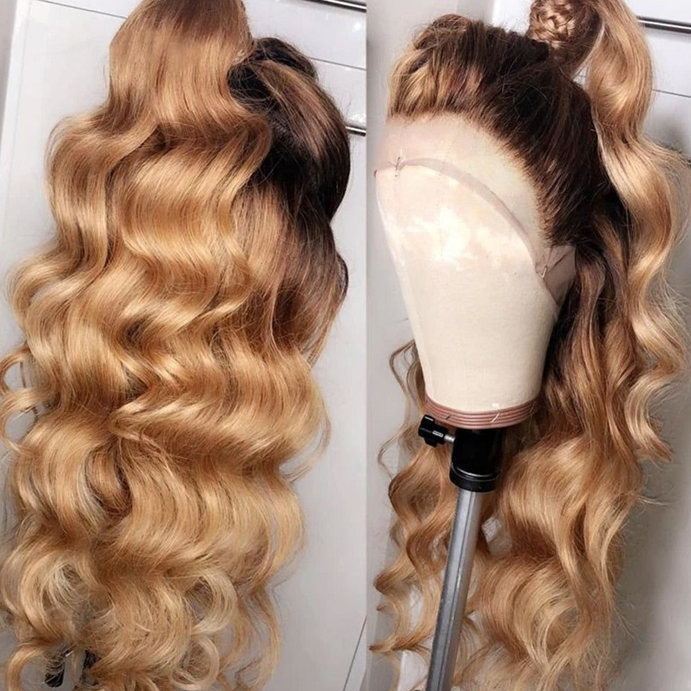 QVR Straight 1B/27 Honey Blonde 4x4 Lace Closure Wigs with Dark Roots For Black Women Human Hair Wigs