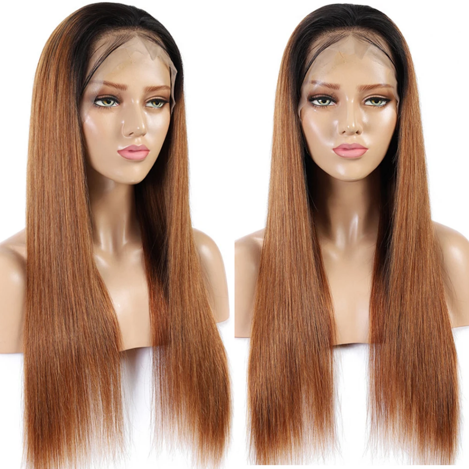QVR Straight Hair 1B/30 Ombre Honey Brown Color Glueless 4x4 Lace Closure Wig 100% Virgin Human Hair Wigs