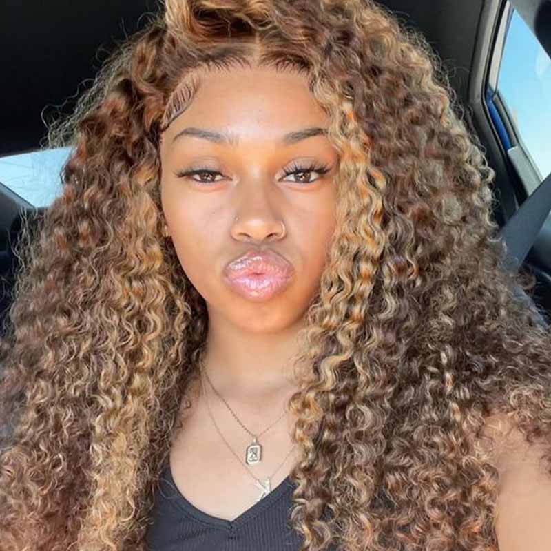 QVR Deep Wave Closure Wigs Human Hair Wigs 180% Density 4x4 Lace Closure Highlight Wigs Honey Blonde