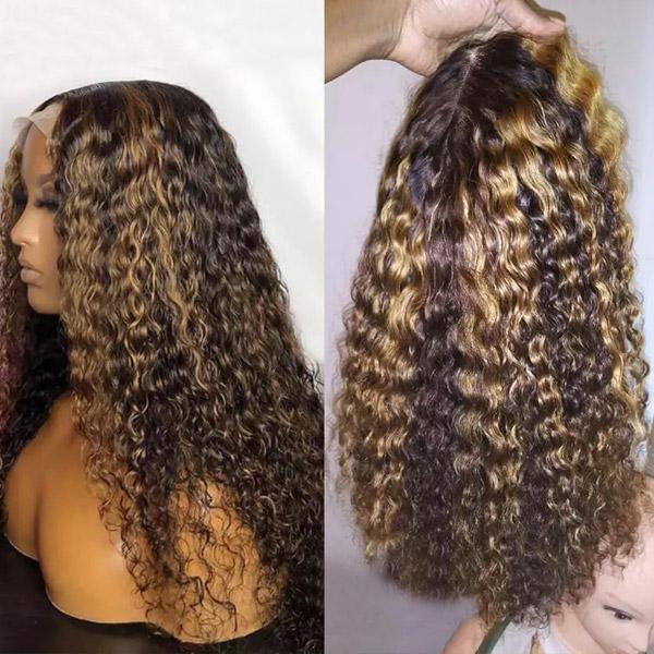 QVR Deep Wave Closure Wigs Human Hair Wigs 180% Density 4x4 Lace Closure Highlight Wigs Honey Blonde
