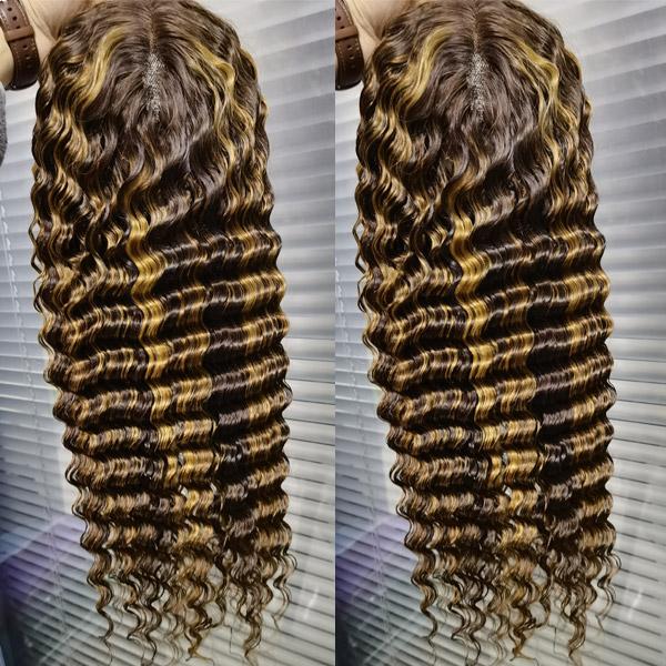 QVR Deep Wave Closure Wigs Human Hair Wigs 180% Density 4x4 Lace Closure Highlight Wigs Honey Blonde