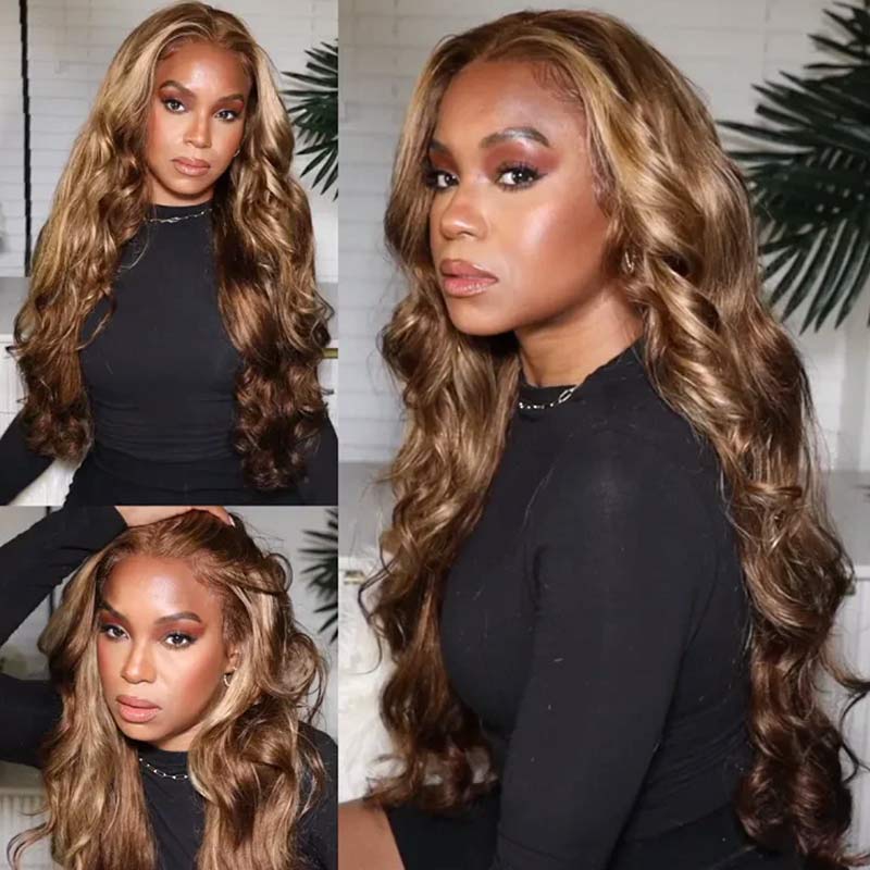 QVR Body Wave Wig Virgin Human Hair Wigs 4x4 13x4 Lace Front Wigs P4/27 Honey Blond Highlight