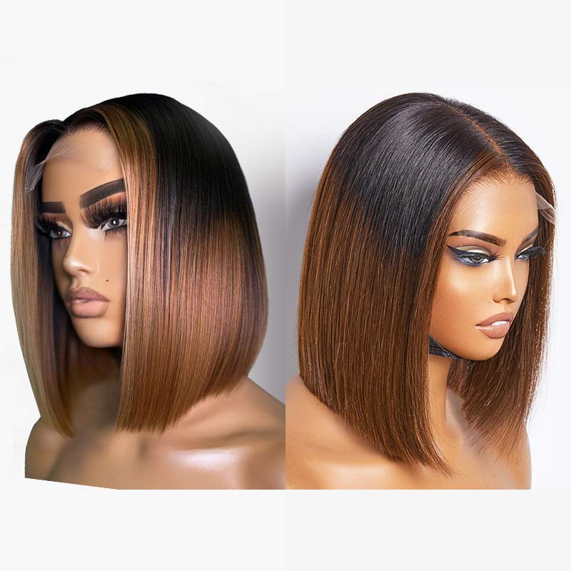 QVR Glueless Straight Ombre Brown Highlight Silky Blunt Cut 5x5 Lace Closure Short Bob Wigs