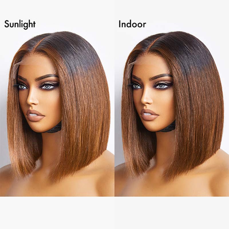 QVR Glueless Straight Ombre Brown Highlight Silky Blunt Cut 5x5 Lace Closure Short Bob Wigs