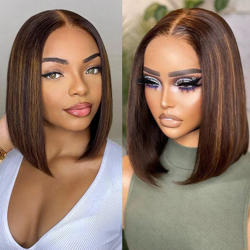 QVR Glueless Mix Brown Highlights Straight 5x5 Pre-cut Lace Short Bob Wigs