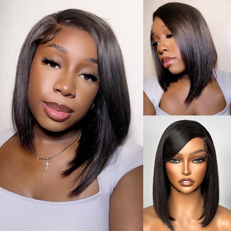 QVR Swoop Bangs Silky Straight Glueless 5x5 Closure Deep Left C Part Lace Bob Wig