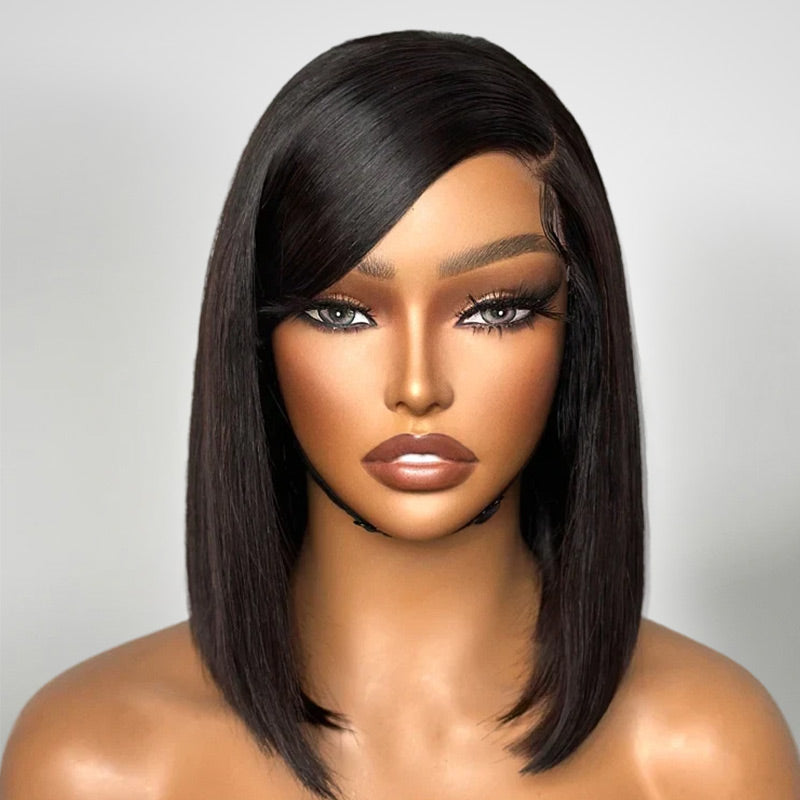 QVR Swoop Bangs Silky Straight Glueless 5x5 Closure Deep Left C Part Lace Bob Wig
