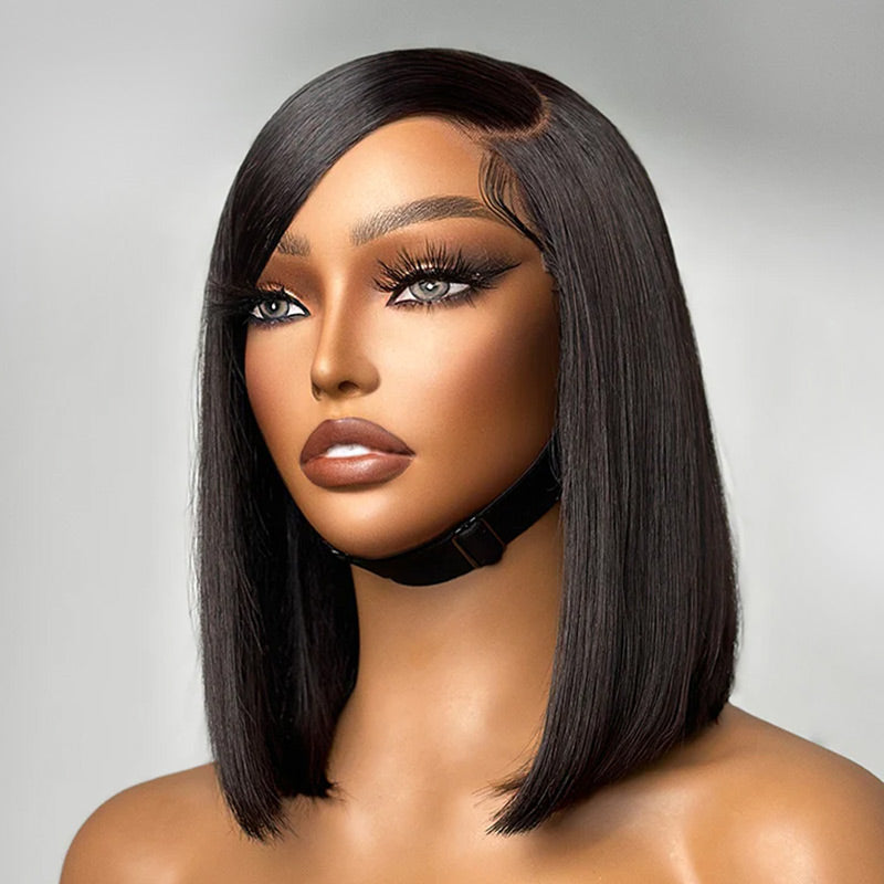 QVR Swoop Bangs Silky Straight Glueless 5x5 Closure Deep Left C Part Lace Bob Wig