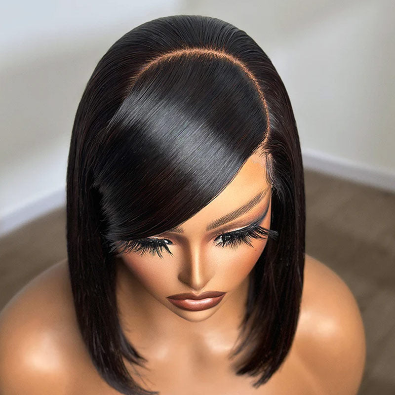 QVR Swoop Bangs Silky Straight Glueless 5x5 Closure Deep Left C Part Lace Bob Wig