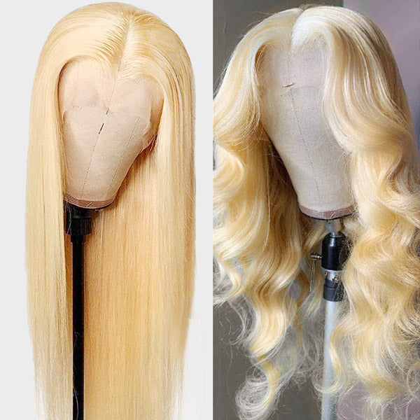 QVR Straight and Body Wave 2 Pieces Wigs Remy Human Hair 613# Blonde Wigs Middle Lace Part Wigs
